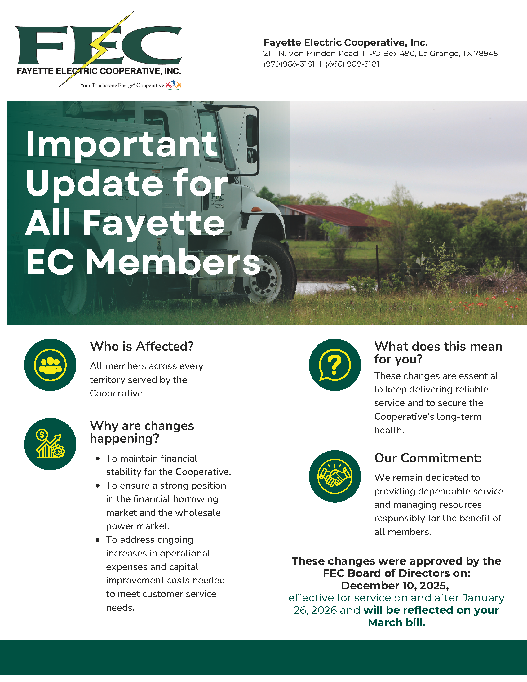 A rate increase was approved by the Board of Directors on December 10, effective for service on or after January 26, 2026