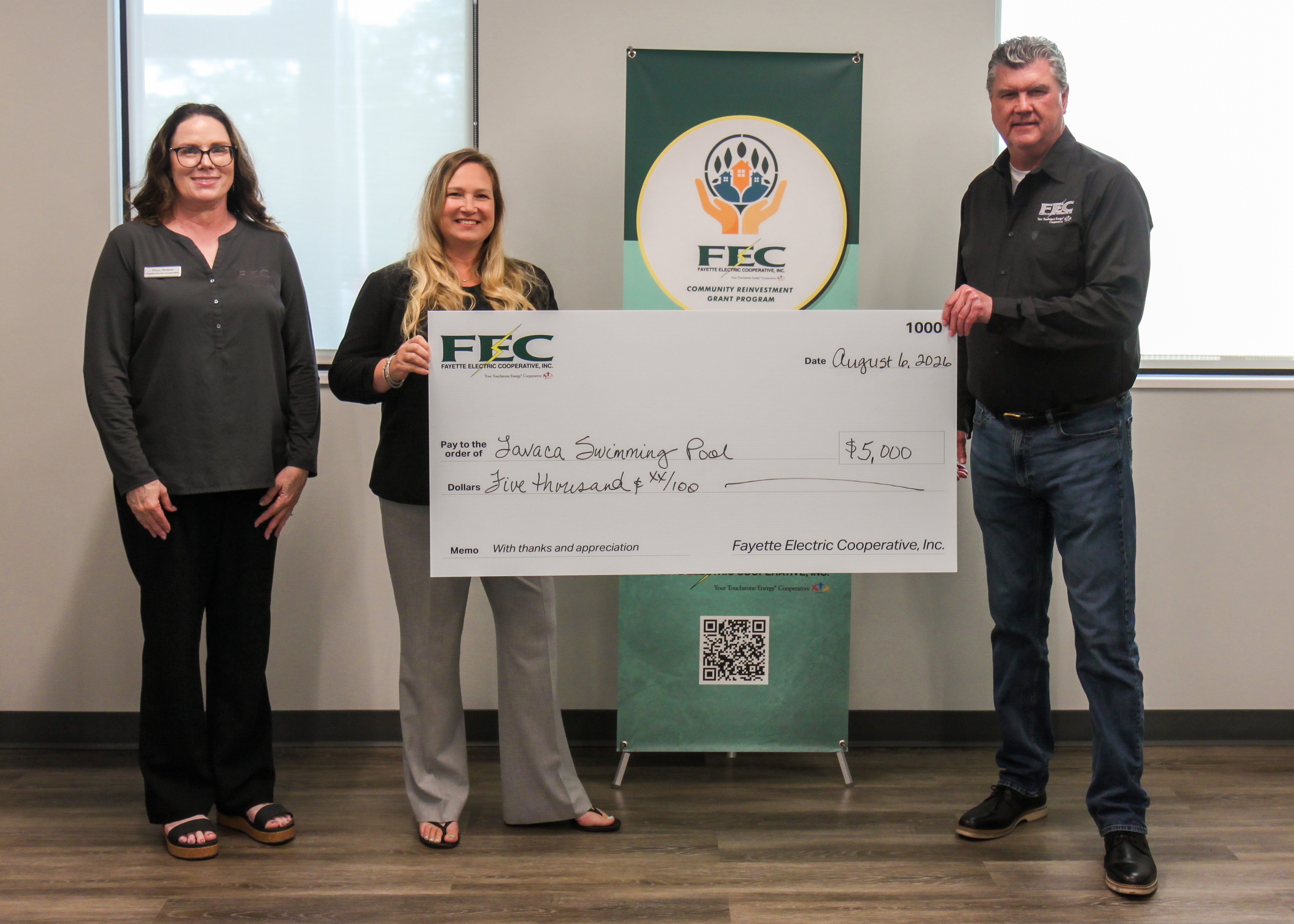 Fayette Electric Cooperative recently awarded a $5,000 Community Reinvestment Grant to Lavaca Swimming Pool, Inc. 