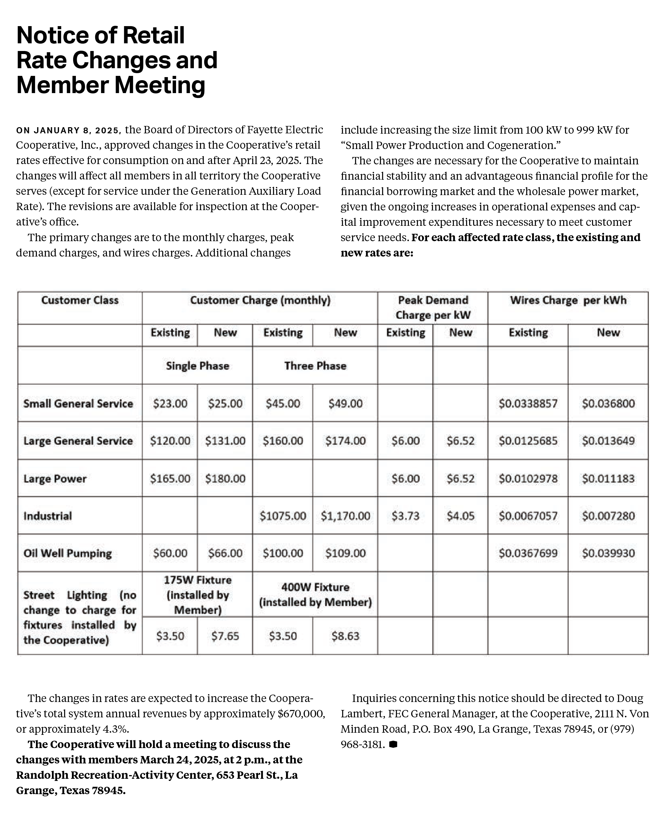 Notice of Retail Rate Changes