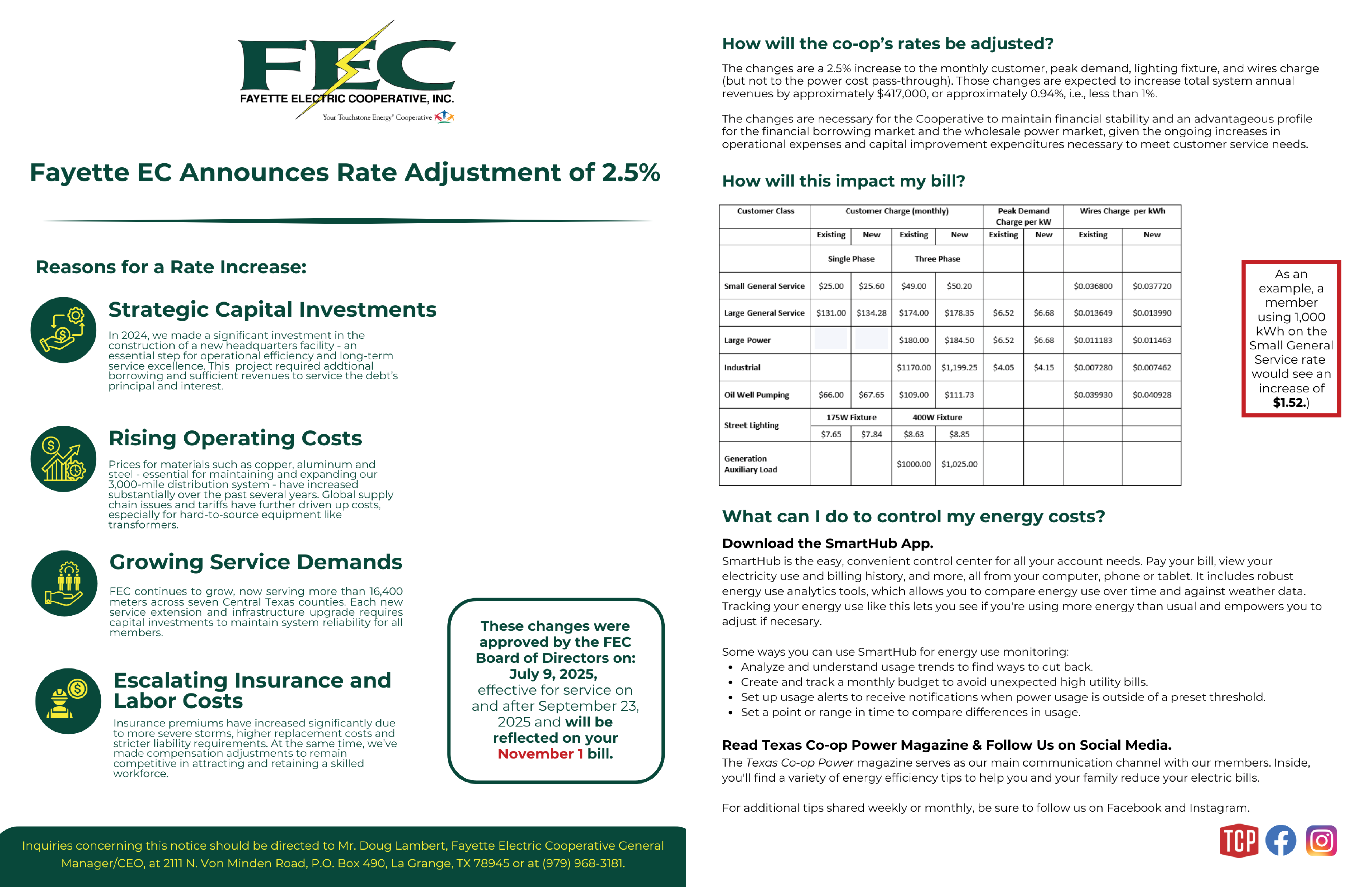 A rate adjustment was approved by the Board of Directors on July 9, 2025.